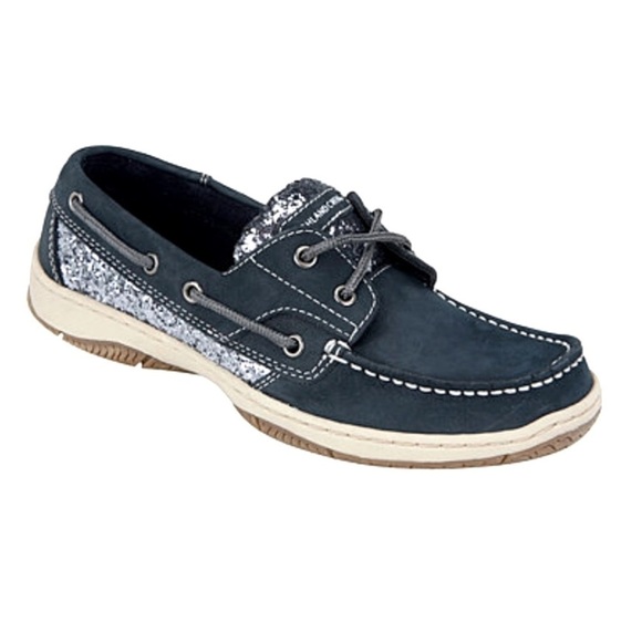 Highland Creek Black Silver Glitter Shimmer Leather Boat Shoes Topsiders New - Picture 3 of 17